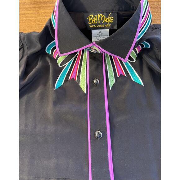 Vintage Bob Mackie Wearable Art Black Shirt XL Silk Embroidered Bow Blouse - Picture 5 of 7